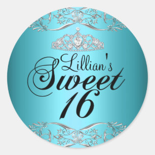 Rond Bleu noir Damas & Tiara Sweet 16 Sticker