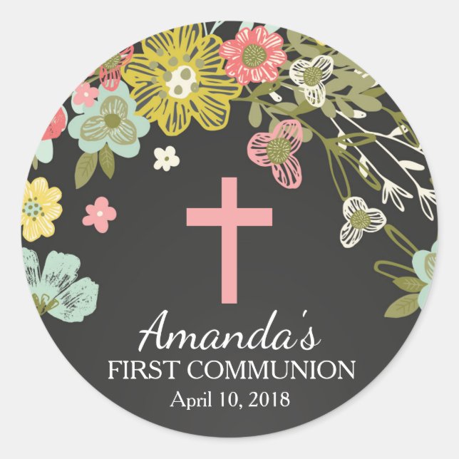 Rond Chalkboard Foral First Holy Communion Sticker (Devant)