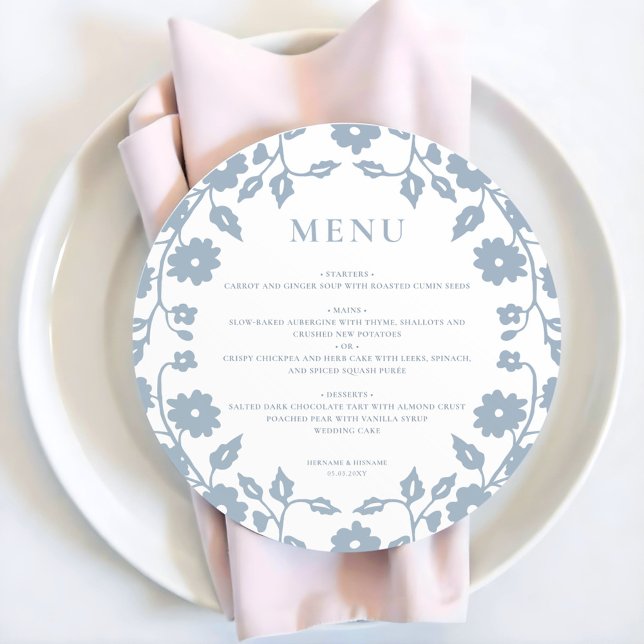 Rond Charmant Dusty Blue Folk Floral Mariage Menu (Créateur téléchargé)