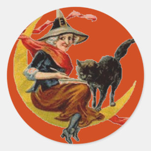 Rond Chat en sorcière et noir sur la Lune - Sticker Hal