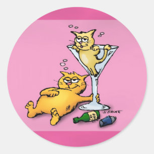 Rond Cocktails et chatons Sticker en caricature rose