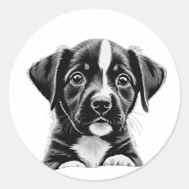 Rond Cute Black & White Puppy – Adorable Dog Sticker (Devant)