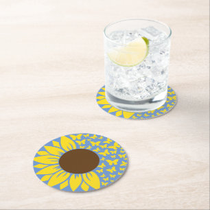 Rond Dessous de verre bleu et jaune tournesol et papill