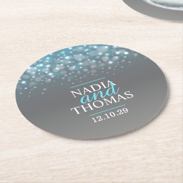 Rond dessous de verre en papier bleu gris mariage champ (Incliné)