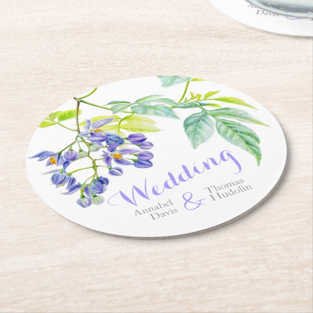 Rond Dessous de verre en papier mariage à fleurs pourpr (Incliné)