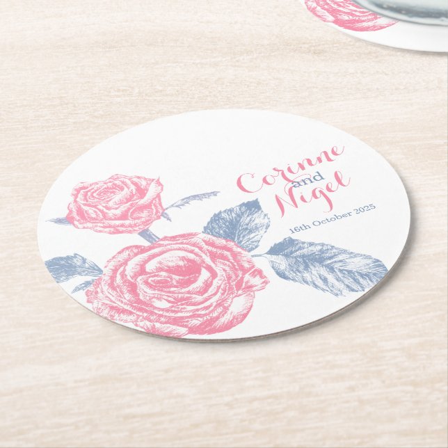 Rond dessous de verre en papier mariage rose roses (Incliné)