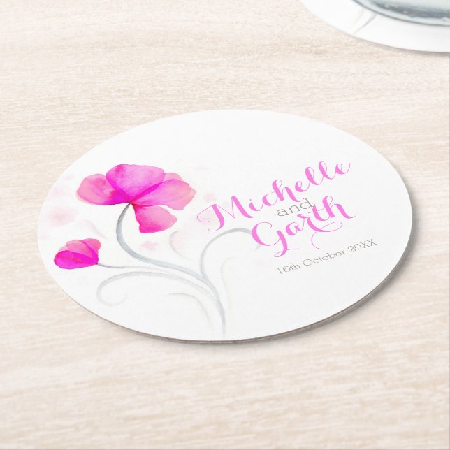 Rond dessous de verre en papier rose fleur mariage (Incliné)