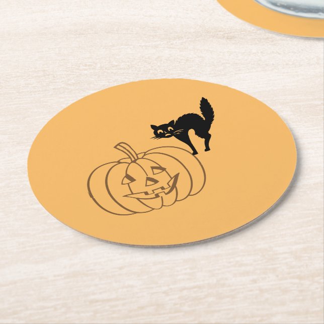 Rond Dessous de verre papier - Citrouille et chat noir (Incliné)