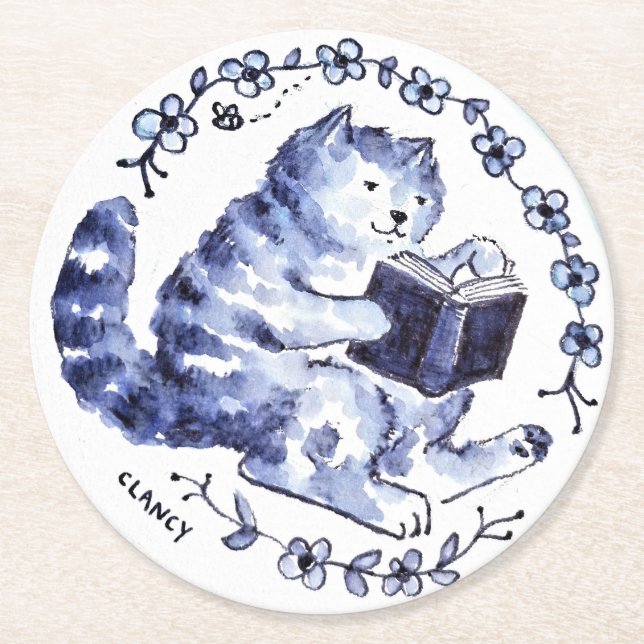 Rond Dessous de verre papier de lecture de chat bleu (Devant)