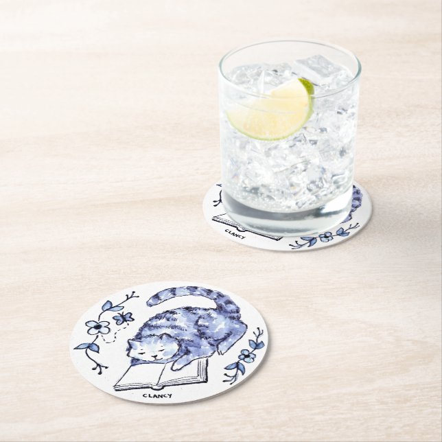 Rond Dessous de verre papier lecteur de chat bleu (En situation)
