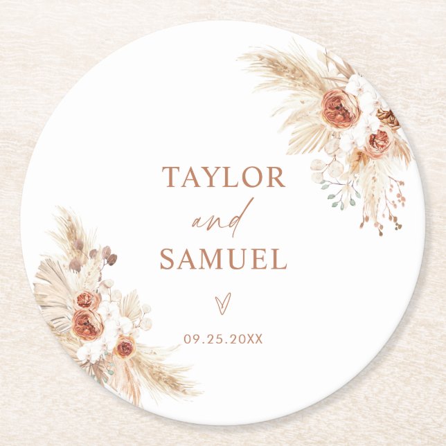 Rond Dessous de verre papier mariage | Boho Pampas Déco (Devant)
