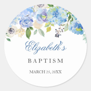 Rond Élégant Baptême Floral Bleu Sticker Christening