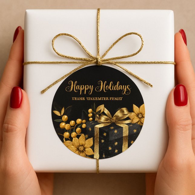 Rond Elegant Black and Gold Happy Holidays Sticker (Créateur téléchargé)
