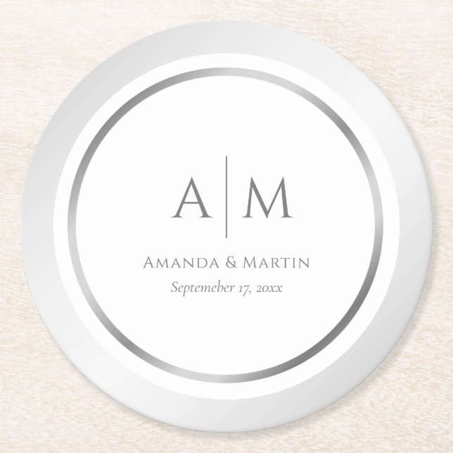Rond Élégant Dessous de verre de papier Mariage d'argen (Devant)
