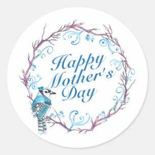Rond Élégant Happy Mère's Day Bleu Wreath Sticker