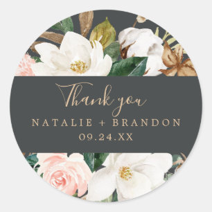 Rond Élégant Magnolia   Sticker Favor Merci noir