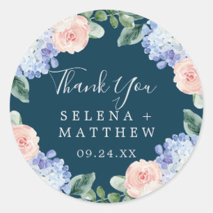 Rond Élégant Merci Favor Sticker Hydrangea Navy