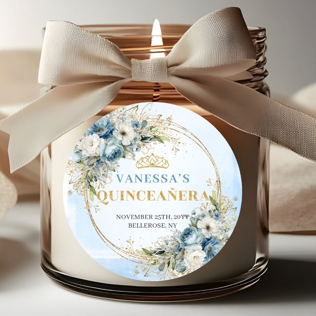 Rond Elegant Quinceañera Sticker Blue Gold Greenery (Elegant Quinceañera Sticker Blue Gold Greenery)