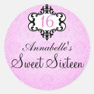 Rond Élégant Sticker 16 Chic Damask Rose & Noir