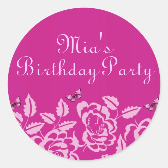 Rond Élégant Sticker Enveloppe Papillon Rose Anniversai (Devant)