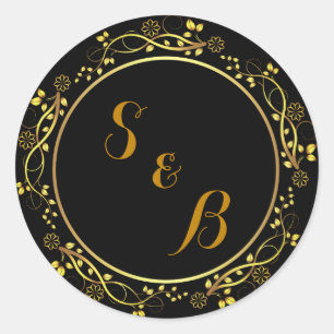 Rond Élégant Sticker Faire-part de mariage noir et or