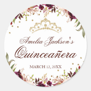 Rond Élégant Sticker Floral Quinceanera Bourgogne Or