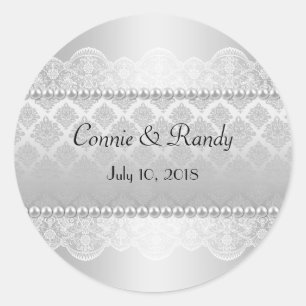 Rond Élégant Sticker Mariage Argent Monogramme avec Pea