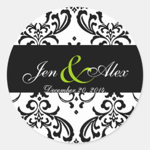 Rond Élégant Sticker Mariage damassé Blanc Noir Vert