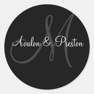Rond Élégant Sticker Mariage Monogram noir & blanc