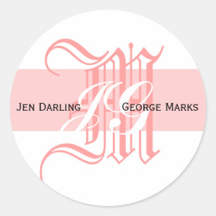 Rond Élégant Sticker Mariage Monogramme blanc et rose