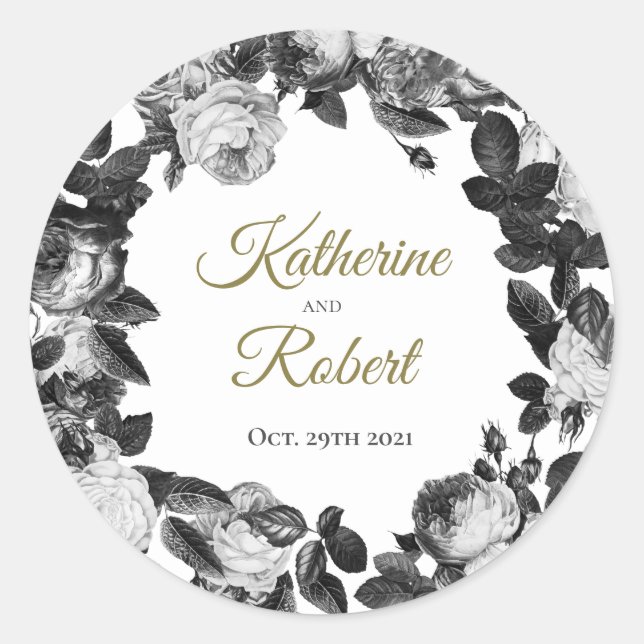 Rond Élégant Sticker Mariage Roses Noir Et Blanc (Devant)