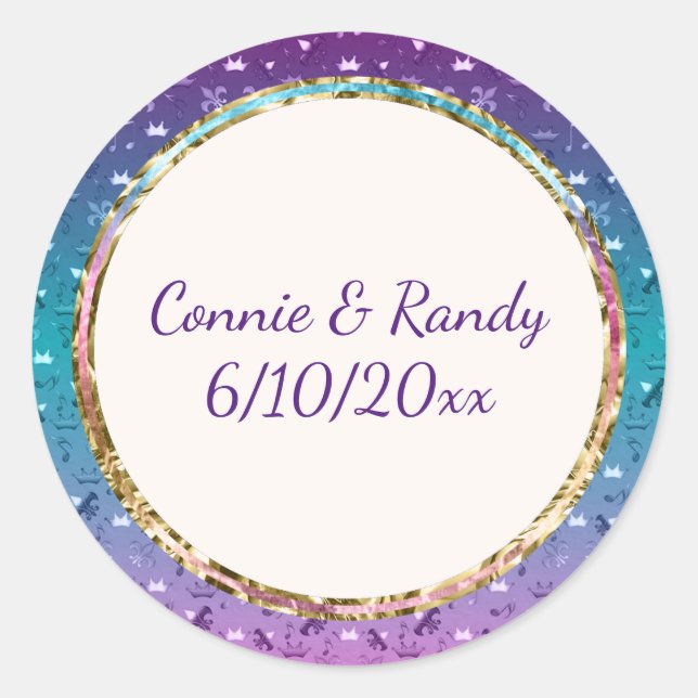 Rond Élégant Sticker Mariage Turquoise violet or (Devant)