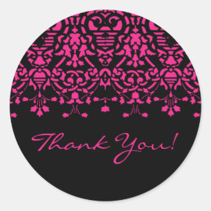 Rond Élégant Sticker Merci rose et noir Damas