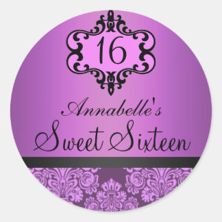 Rond Élégant Violet Chic Damask Sweet 16 Sticker
