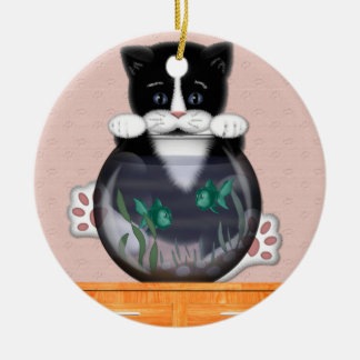 Rond En Céramique Chat et ornement de bocal à poissons