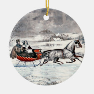 Rond En Céramique Currier et Ives - ornement - la route, hiver