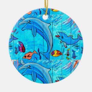 Rond En Céramique dauphins riants ornement bleu