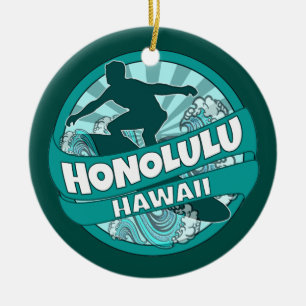 Rond En Céramique Honolulu Hawaii turquoise surfer logo ornement