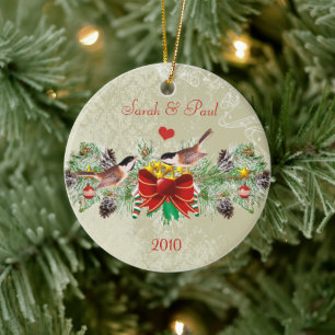 Rond En Céramique Oiseaux Garland & Pinecones Ornement photo de Noël