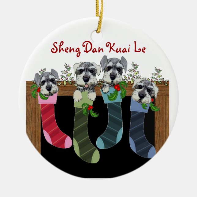Rond En Céramique Ornement chinois de Schnauzers de Noël (Devant)