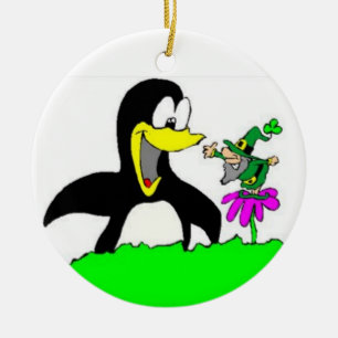 Rond En Céramique Ornement de dessin animé Penguin et Leprechaun