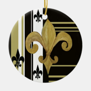 Rond En Céramique Ornement de fleur de lis noir & or