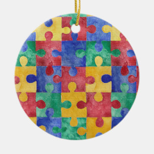 Rond En Céramique Ornement de puzzle d'aquarelle de sensibilisation