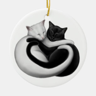 Rond En Céramique Ornement noir et blanc de chats d'amour