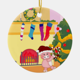 Rond En Céramique Ornement porcin de temps de Noël