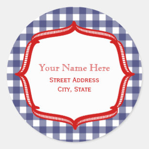 Rond En vichy Bleu Avec Sticker D'Adresse Rouge