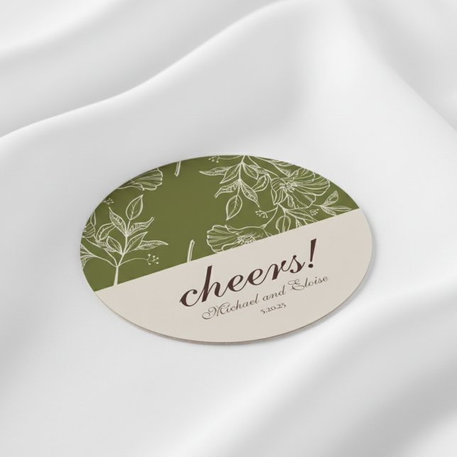 Rond Faveur de dessous de verre de mariage Fleurs Tons  (Add a stylish touch to your celebration with this Earth Tone Floral “Cheers!” Wedding Coaster Favor!)