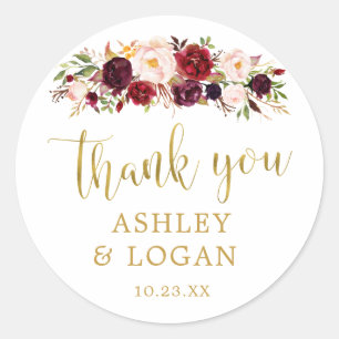 Rond Fleurs Bourgogne Monogramme Mariage Faveur Sticker