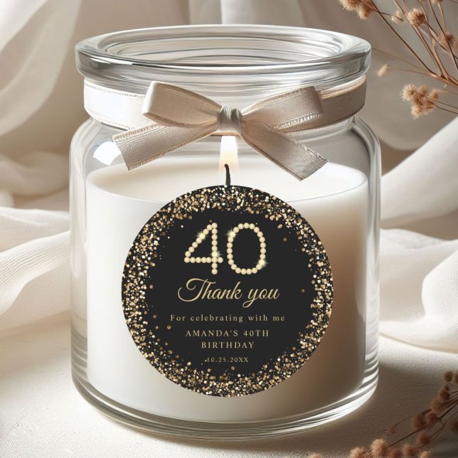 Rond Gold Diamonds 40th Birthday Thank you Sticker (Gold Diamonds 40th Birthday Party Thank you stickers)