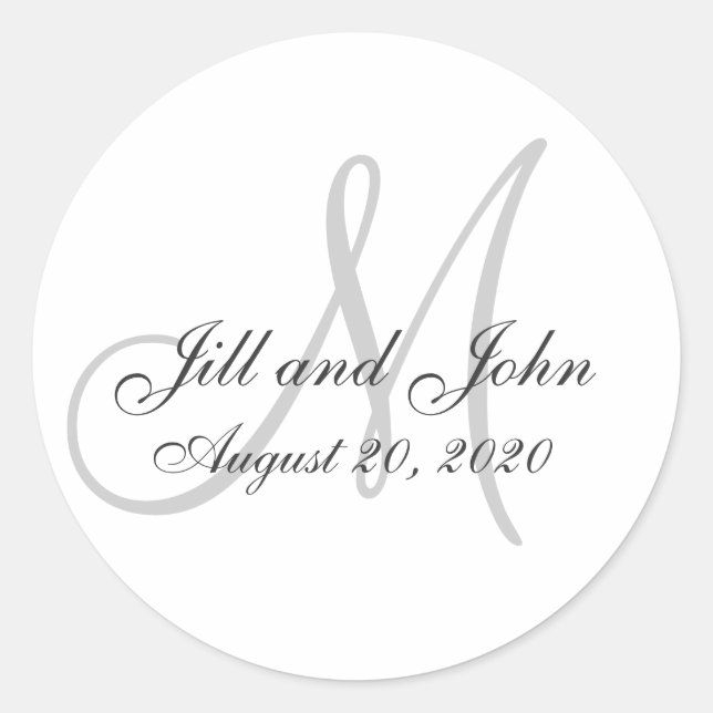 Rond Gris Monogramme Mariage Favor Sticker (Devant)